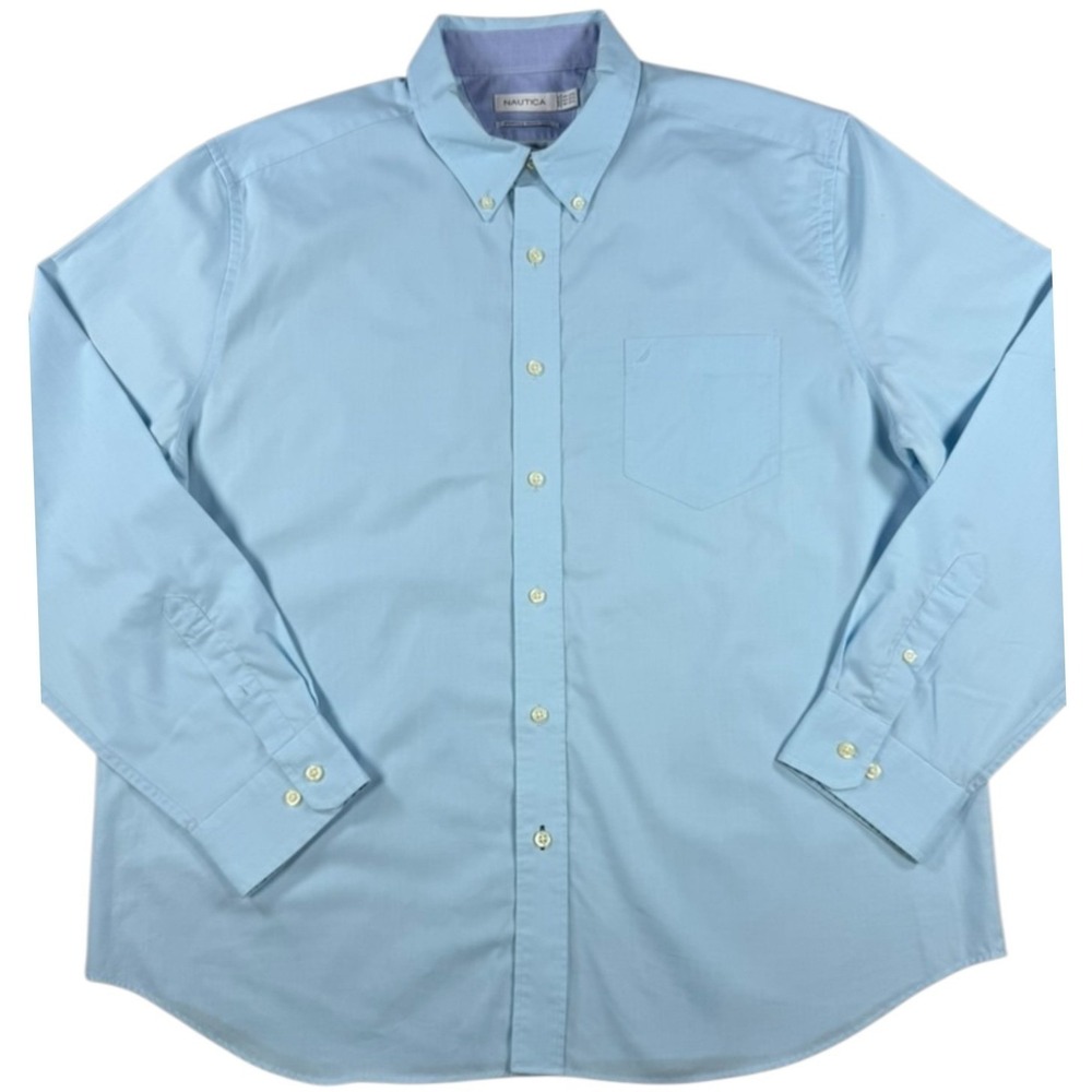 Nautica Mens XXL Dress Shirt Light Blue Wrinkle Resistant Cotton Button Down
